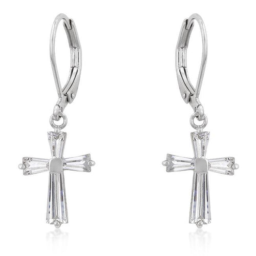 Cubic Zirconia Rhodium Plated Finish Cross Earrings