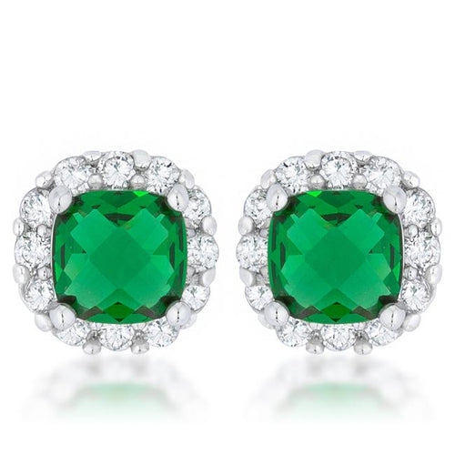 Liz 2ct Emerald CZ Rhodium Classic Cushion Stud Earrings